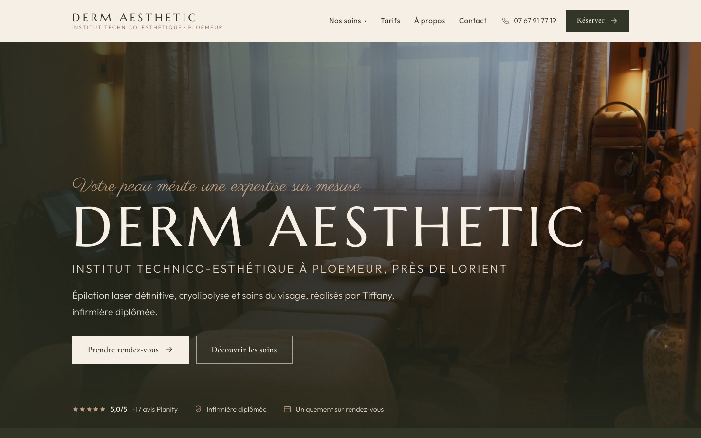 Page d'accueil du site Derm Aesthetic